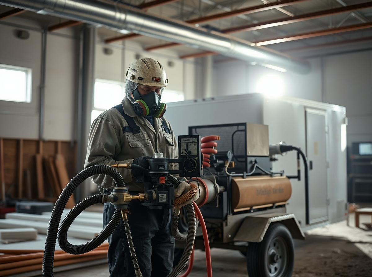 Spray foam contractor operating a proportioner rig on a commercial jobsite